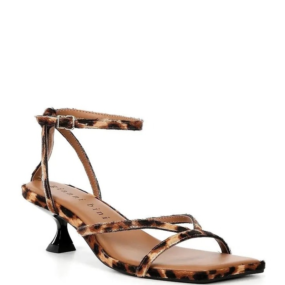 Gianni Bini Andi Leopard Calf Hair Strappy Kitten Heel Sandals Brown Black 8M